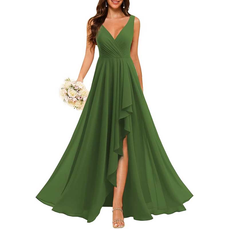 Hi-Lo V Neck Bridesmaid Dresses A-line Formal Evening Gowns with Pockets