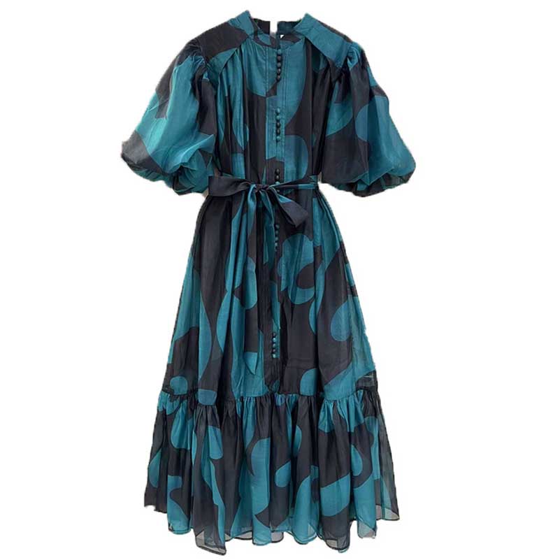 High Neck Floral Midi Dress Short Sleeves