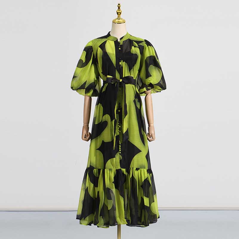 High Neck Floral Midi Dress Short Sleeves