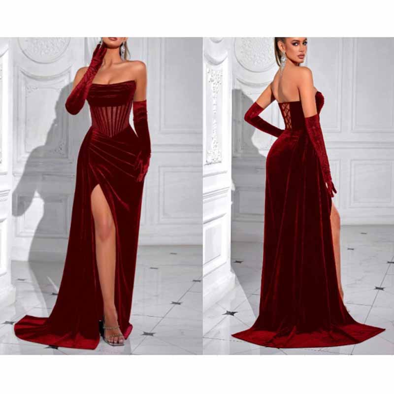 Sweetheart Neck Corset High Split Velvet Long Evening Dress