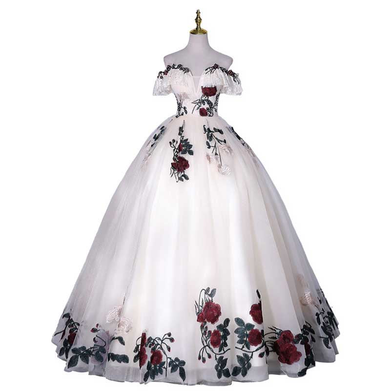 White Floral Ball Gown Tulle Sweetheart Lace Applique Ball Gown Dress