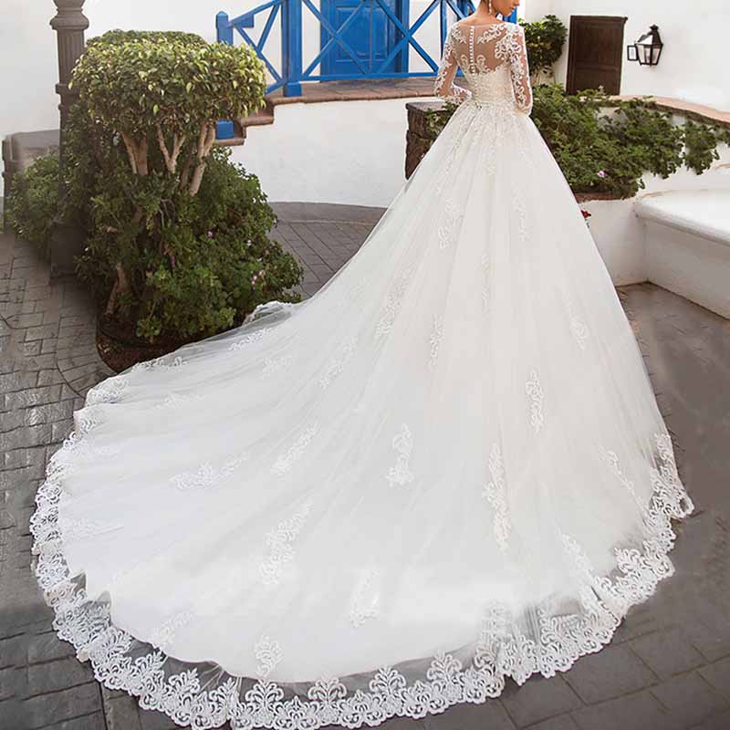 Lace Applique Wedding Dresses Long Sleeve Bridal Chapel Train Bridal Dress