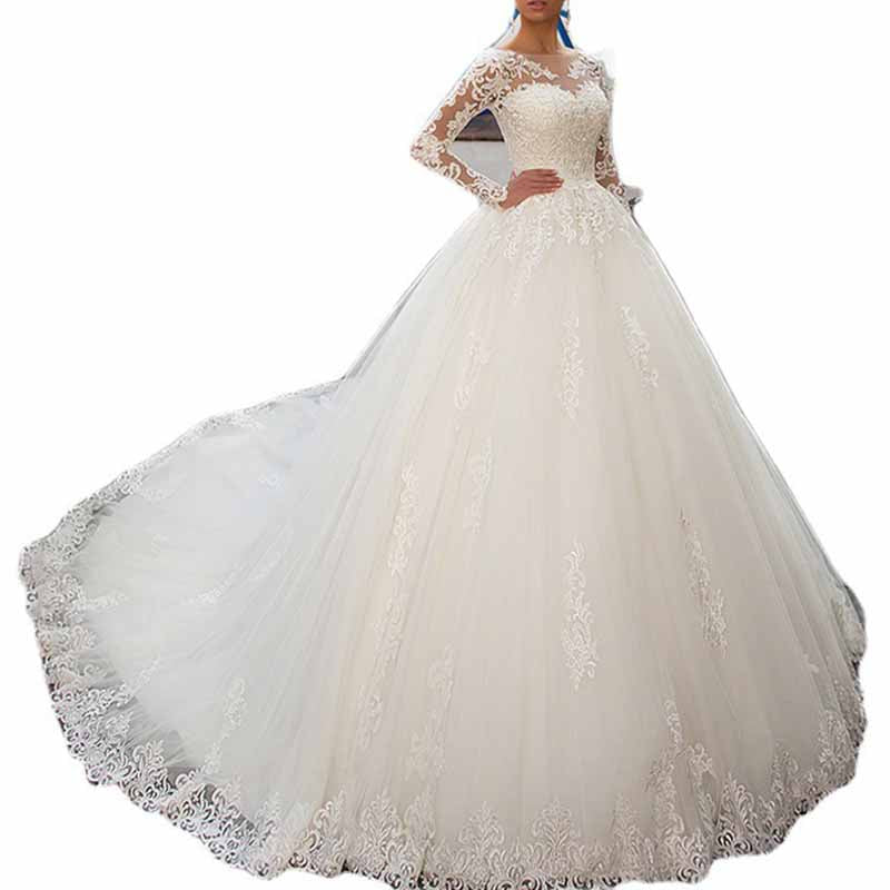 Lace Applique Wedding Dresses Long Sleeve Bridal Chapel Train Bridal Dress