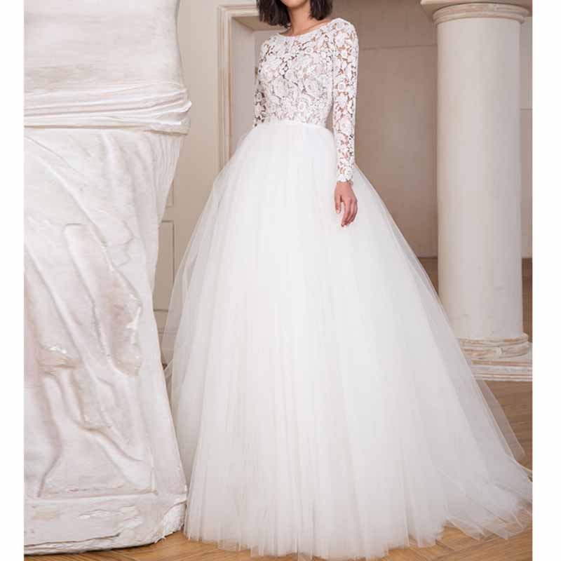 Lace Boat Neck Wedding Party Gown Tulle Long Sleeve Wedding Dress