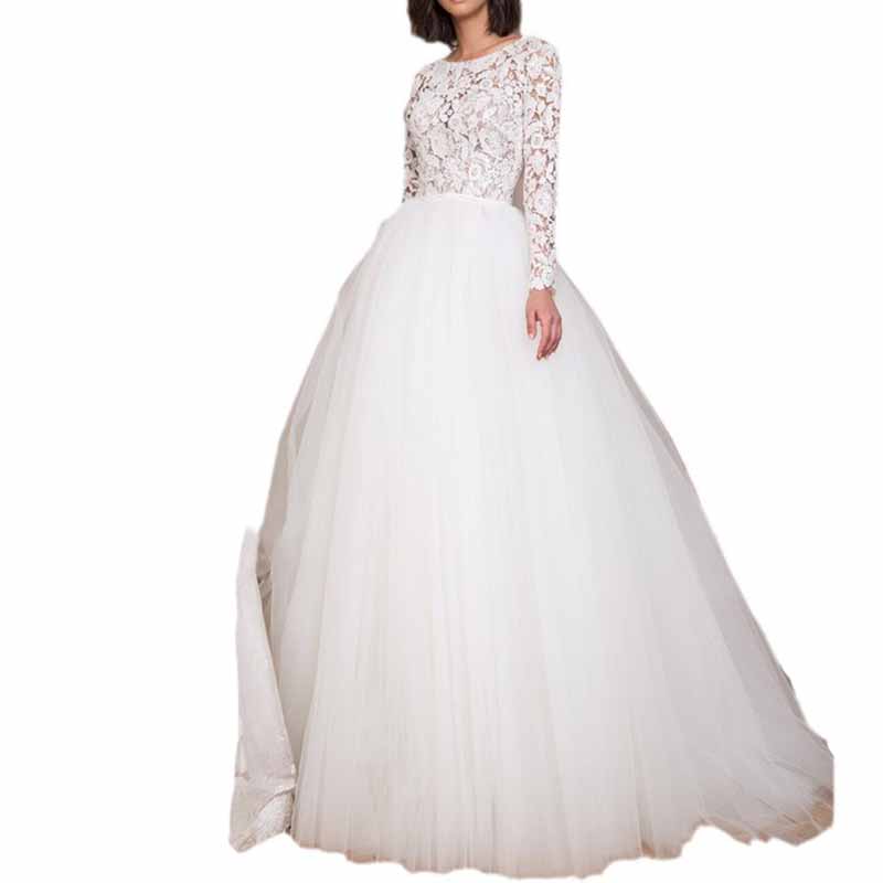 Lace Boat Neck Wedding Party Gown Tulle Long Sleeve Wedding Dress