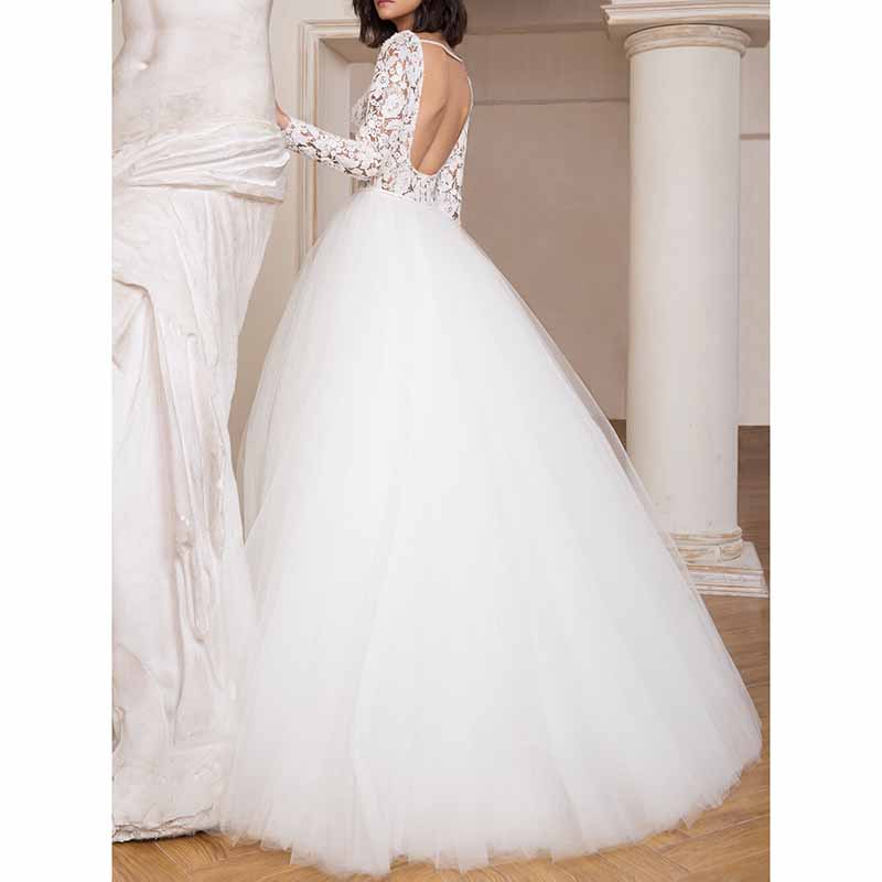 Lace Boat Neck Wedding Party Gown Tulle Long Sleeve Wedding Dress