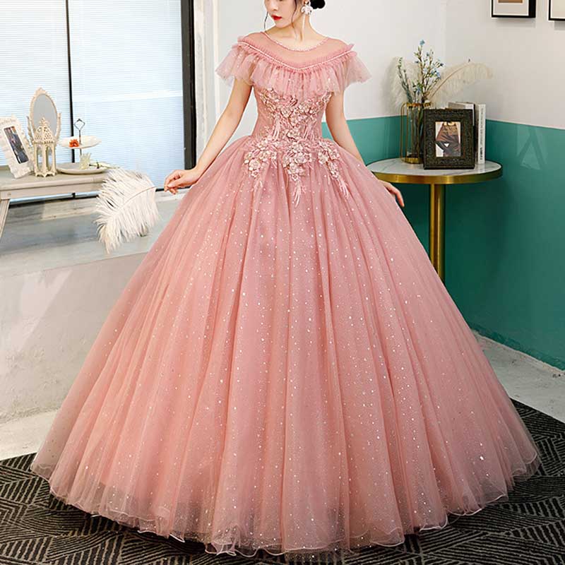 Lace Pink Ball Gown With Appliques Quinceanera Dresses