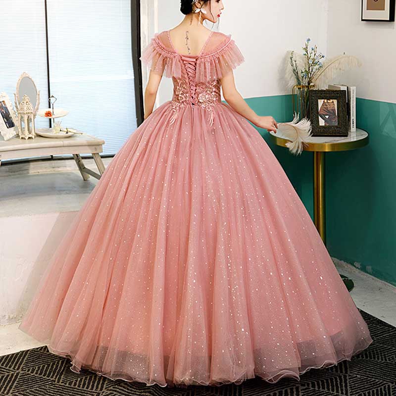 Lace Pink Ball Gown With Appliques Quinceanera Dresses