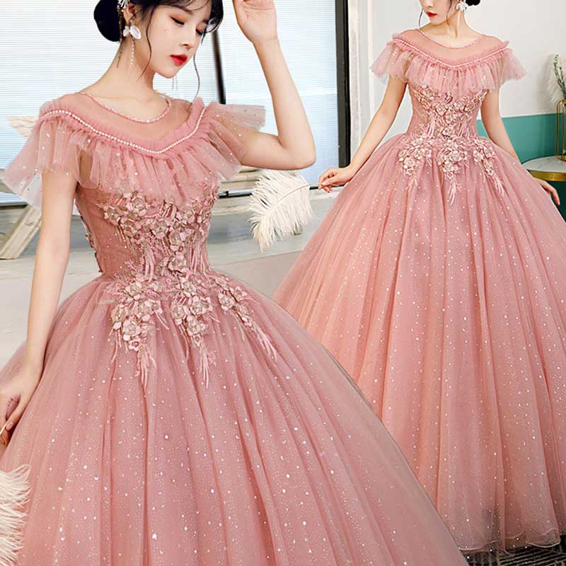 Lace Pink Ball Gown With Appliques Quinceanera Dresses
