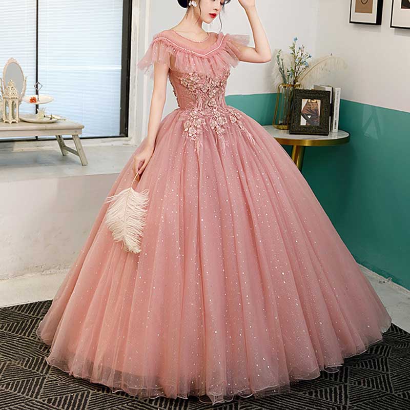 Lace Pink Ball Gown With Appliques Quinceanera Dresses