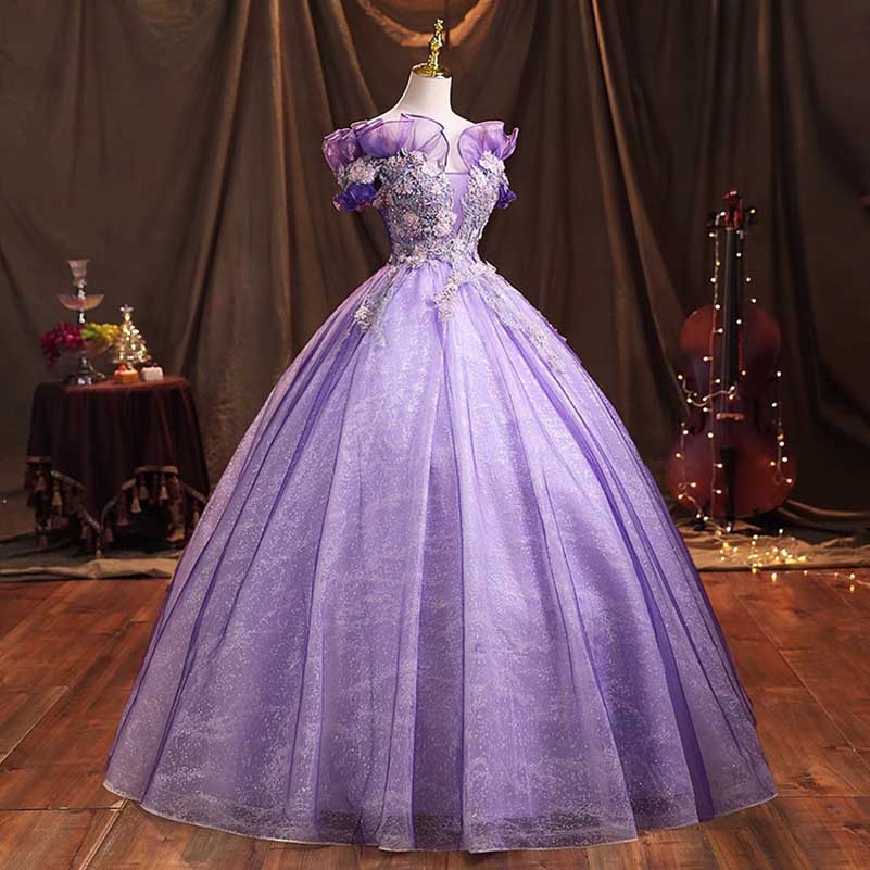 Lavender Tulle Quinceanera Dresses Flower Appliques Ball Gown