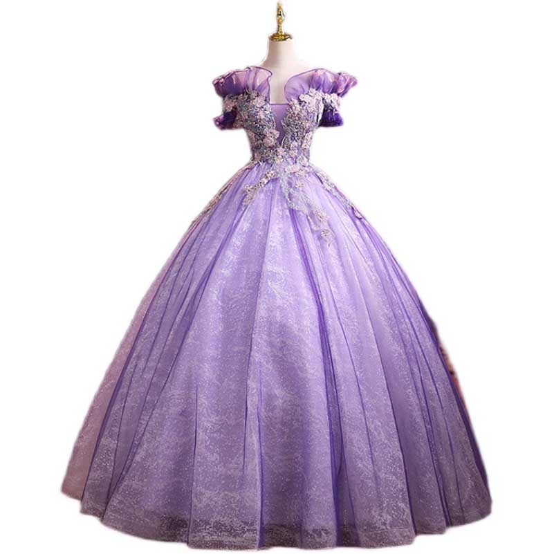 Lavender Tulle Quinceanera Dresses Flower Appliques Ball Gown