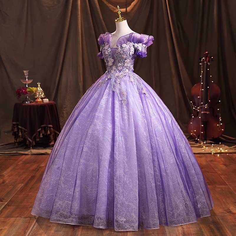 Lavender Tulle Quinceanera Dresses Flower Appliques Ball Gown