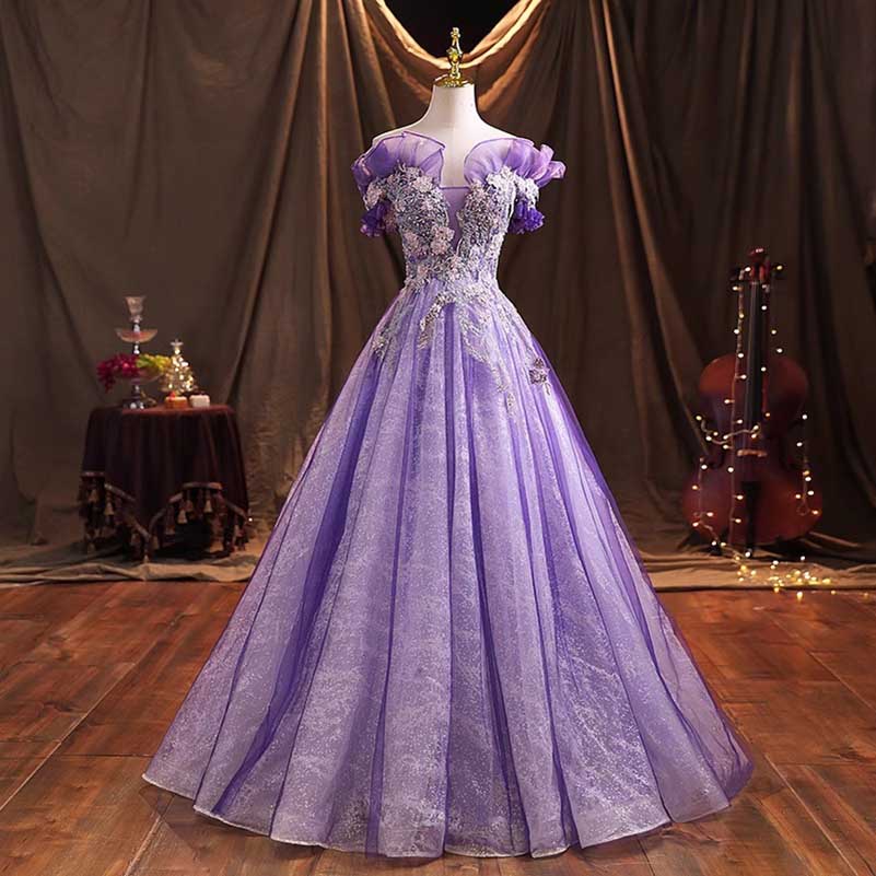 Lavender Tulle Quinceanera Dresses Flower Appliques Ball Gown