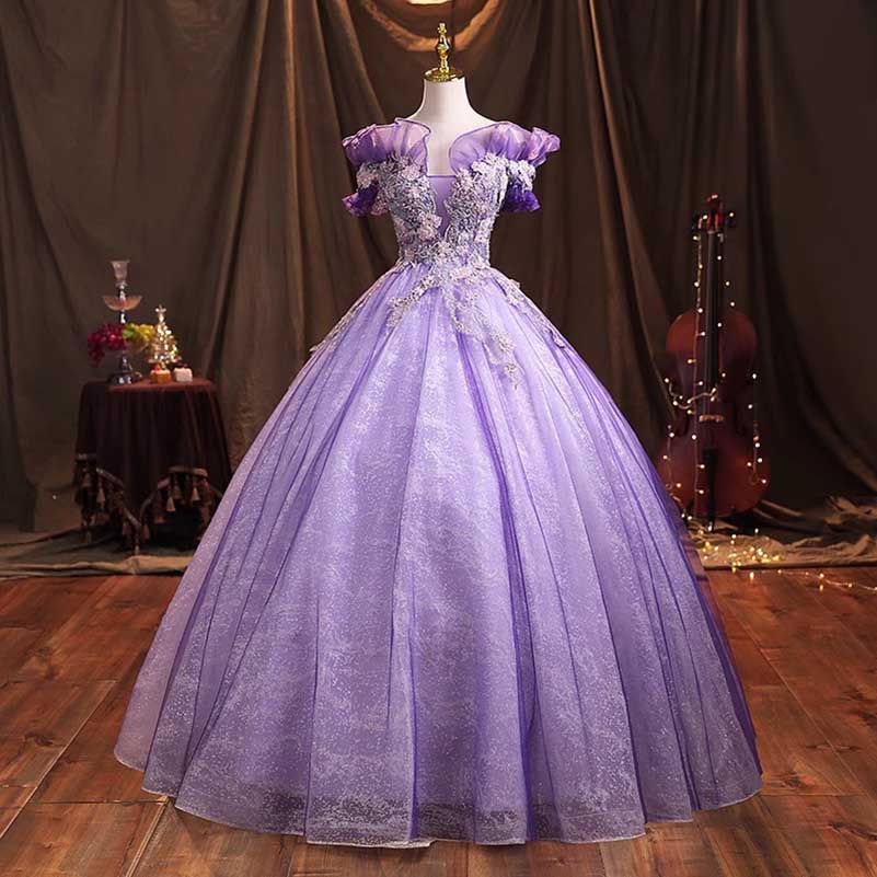 Lavender Tulle Quinceanera Dresses Flower Appliques Ball Gown