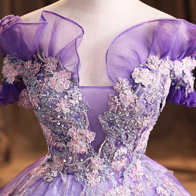 Lavender Tulle Quinceanera Dresses Flower Appliques Ball Gown