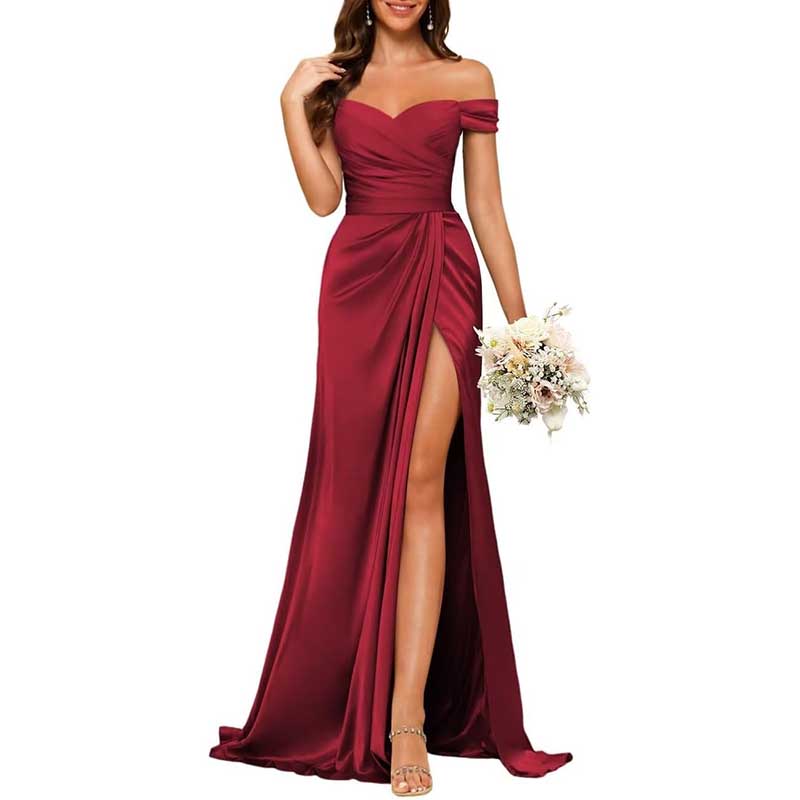 Long Satin Bridesmaid Dress Off-the-Shoulder Neckline & High-Leg Split