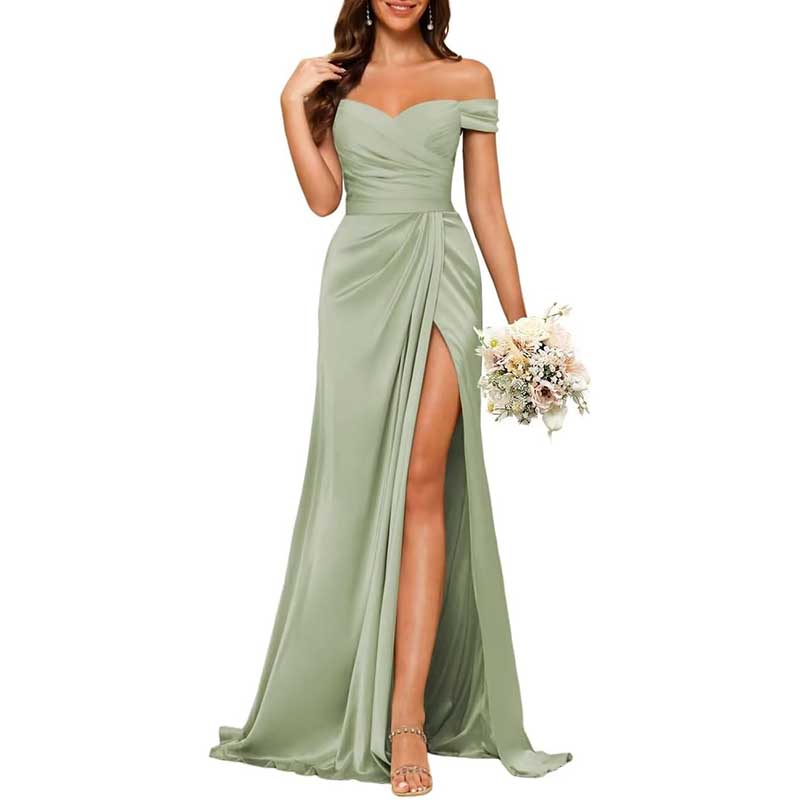 Long Satin Bridesmaid Dress Off-the-Shoulder Neckline & High-Leg Split
