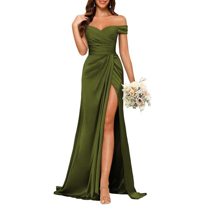 Long Satin Bridesmaid Dress Off-the-Shoulder Neckline & High-Leg Split