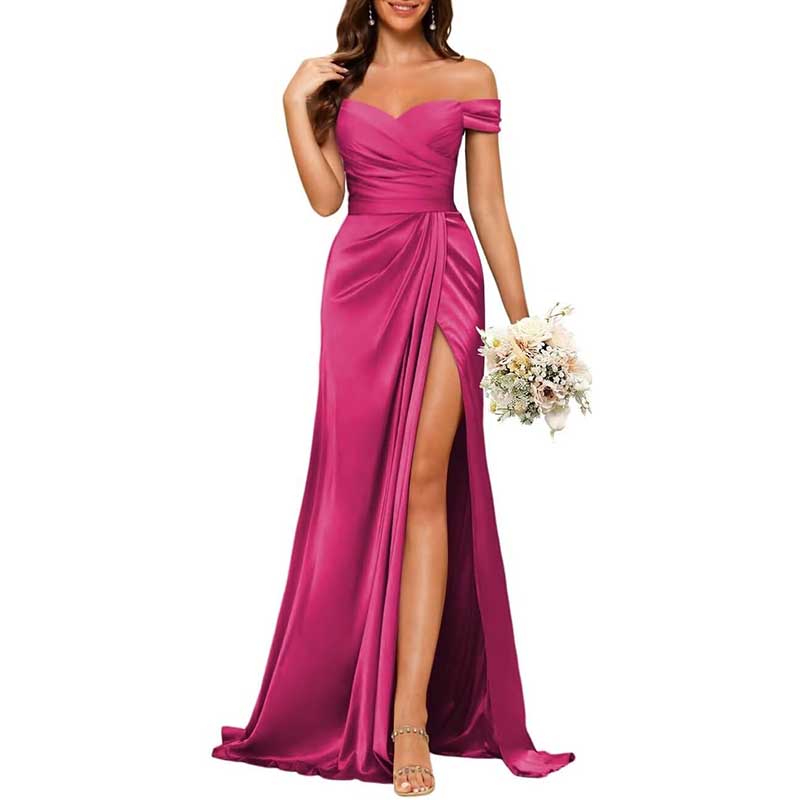 Long Satin Bridesmaid Dress Off-the-Shoulder Neckline & High-Leg Split