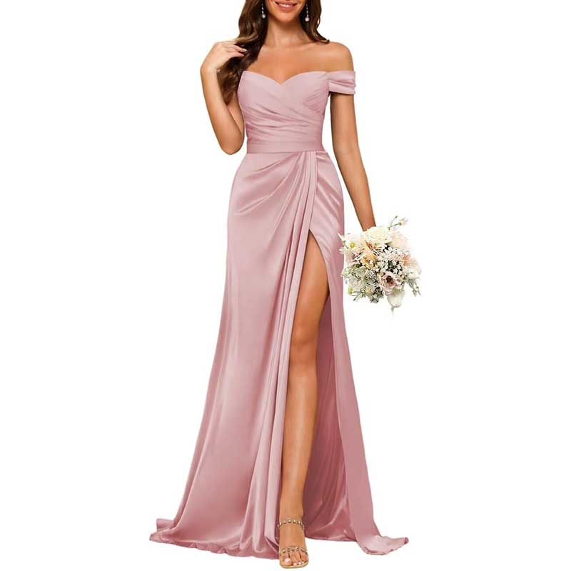 Long Satin Bridesmaid Dress Off-the-Shoulder Neckline & High-Leg Split