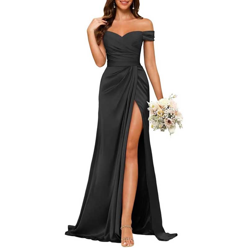 Long Satin Bridesmaid Dress Off-the-Shoulder Neckline & High-Leg Split