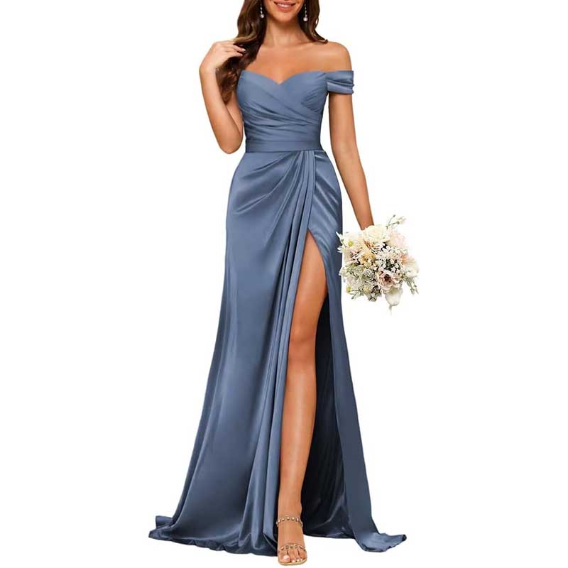 Long Satin Bridesmaid Dress Off-the-Shoulder Neckline & High-Leg Split