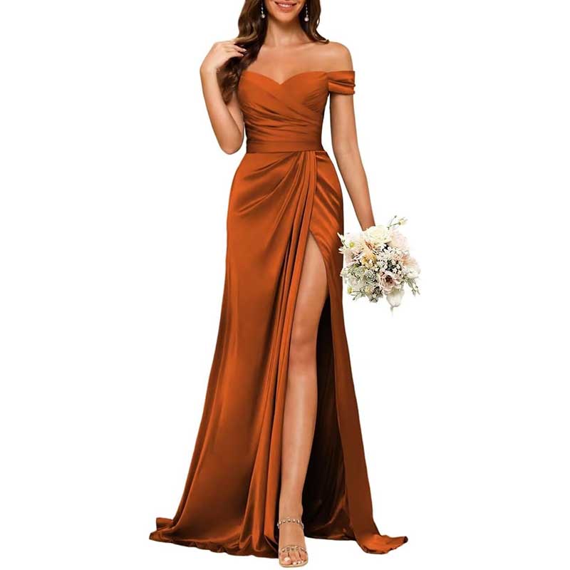 Long Satin Bridesmaid Dress Off-the-Shoulder Neckline & High-Leg Split