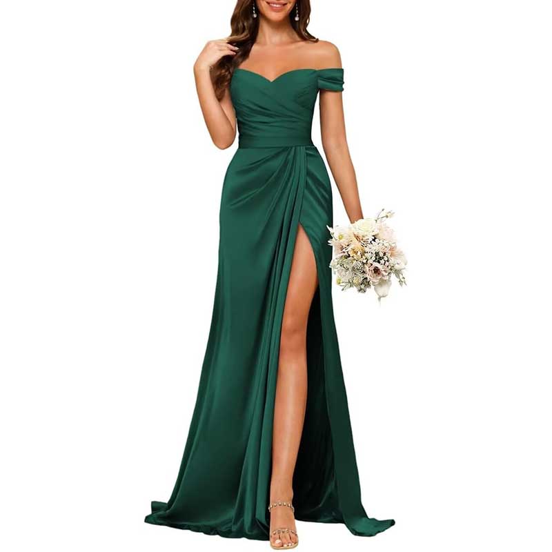 Long Satin Bridesmaid Dress Off-the-Shoulder Neckline & High-Leg Split
