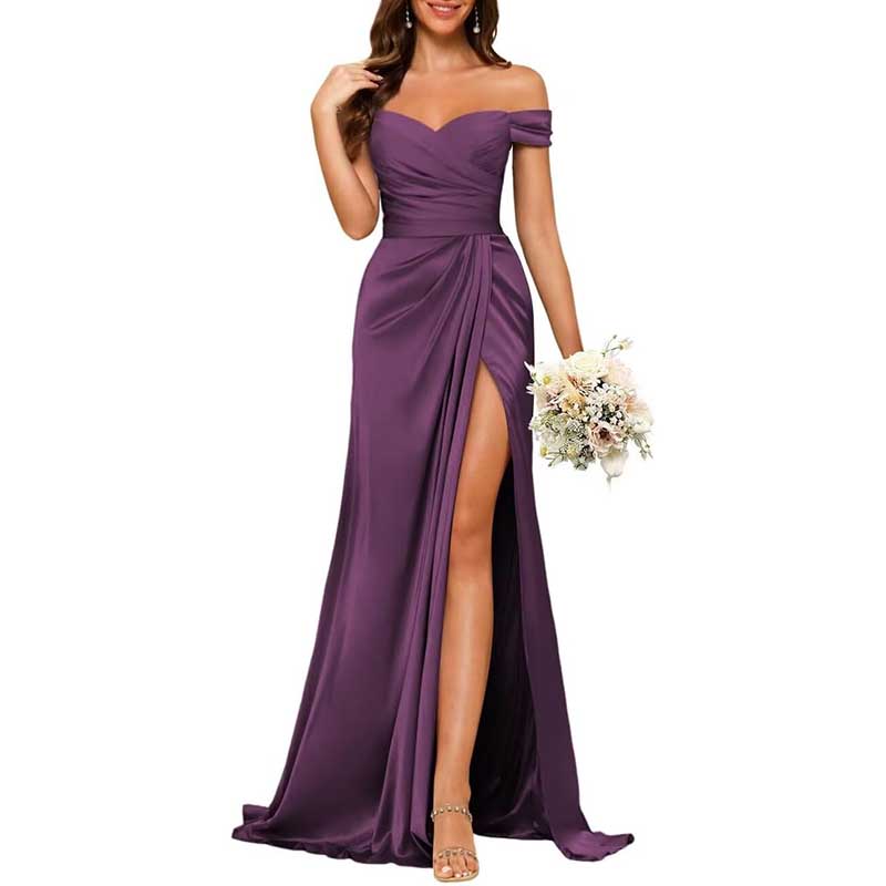 Long Satin Bridesmaid Dress Off-the-Shoulder Neckline & High-Leg Split