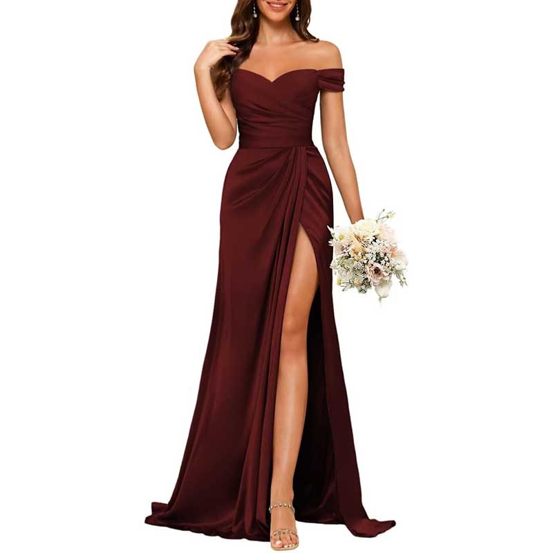 Long Satin Bridesmaid Dress Off-the-Shoulder Neckline & High-Leg Split