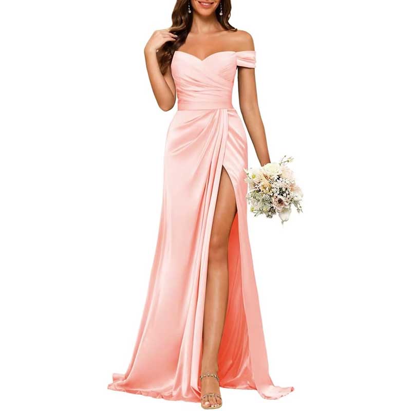 Long Satin Bridesmaid Dress Off-the-Shoulder Neckline & High-Leg Split