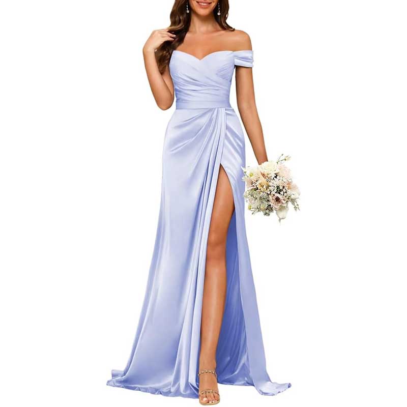 Long Satin Bridesmaid Dress Off-the-Shoulder Neckline & High-Leg Split