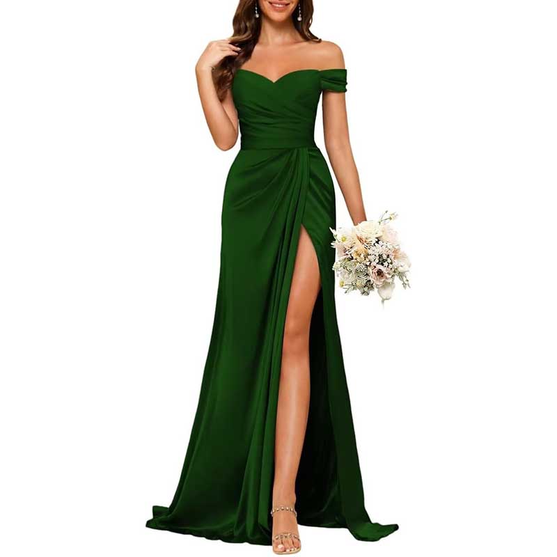 Long Satin Bridesmaid Dress Off-the-Shoulder Neckline & High-Leg Split