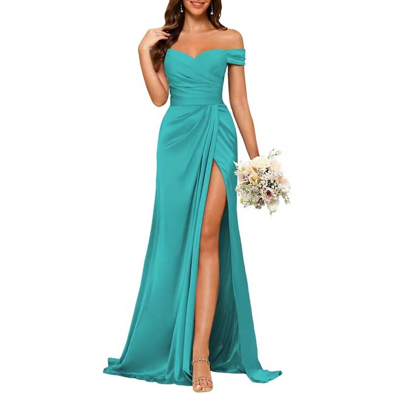 Long Satin Bridesmaid Dress Off-the-Shoulder Neckline & High-Leg Split