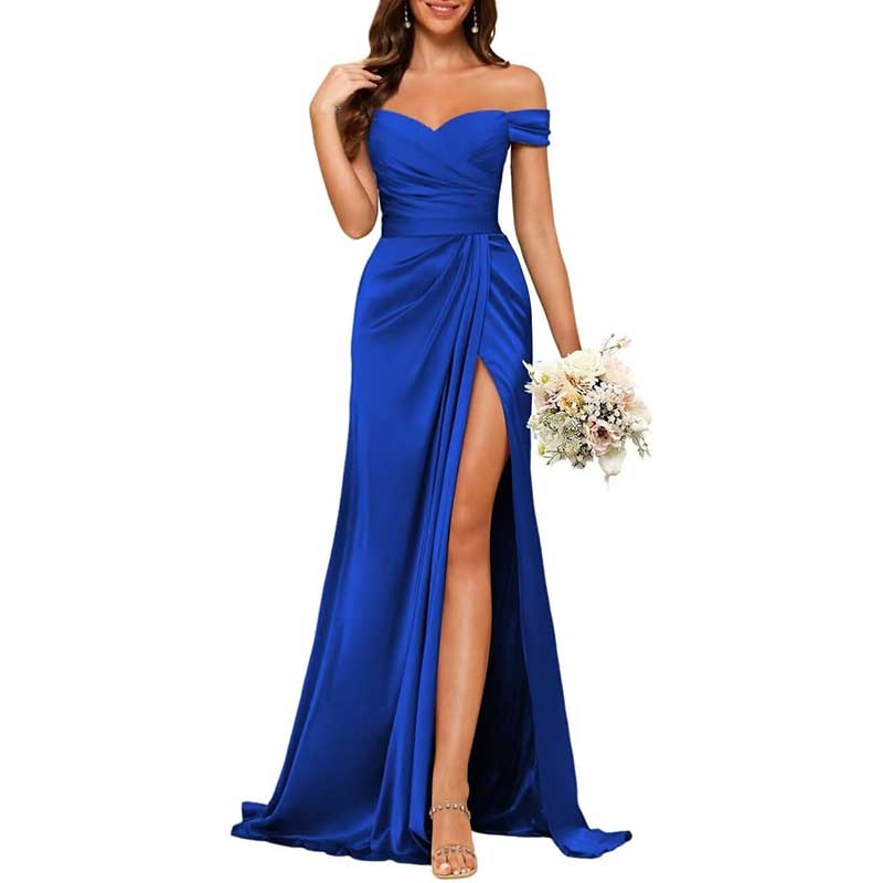 Long Satin Bridesmaid Dress Off-the-Shoulder Neckline & High-Leg Split