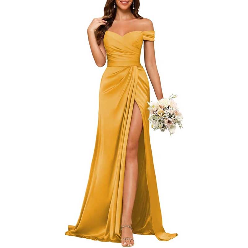 Long Satin Bridesmaid Dress Off-the-Shoulder Neckline & High-Leg Split