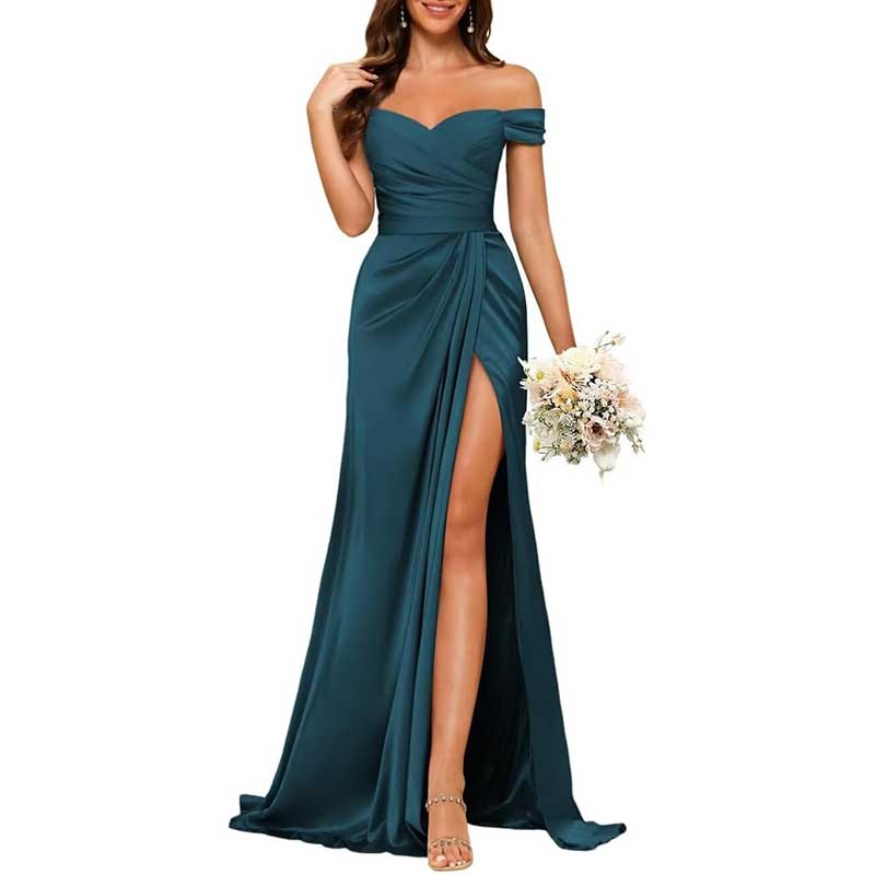Long Satin Bridesmaid Dress Off-the-Shoulder Neckline & High-Leg Split