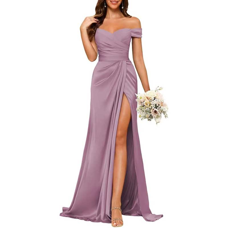 Long Satin Bridesmaid Dress Off-the-Shoulder Neckline & High-Leg Split