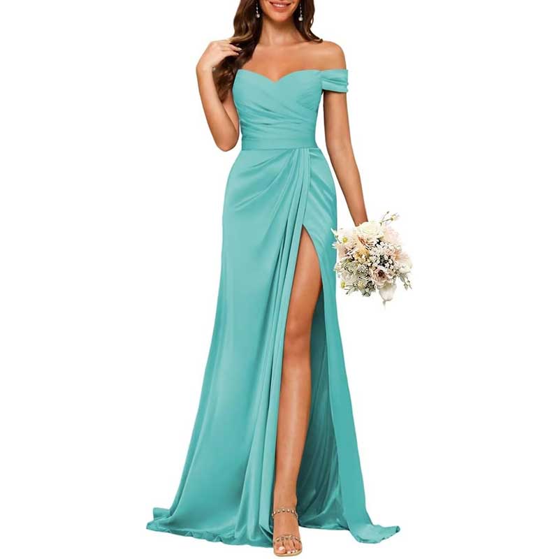 Long Satin Bridesmaid Dress Off-the-Shoulder Neckline & High-Leg Split