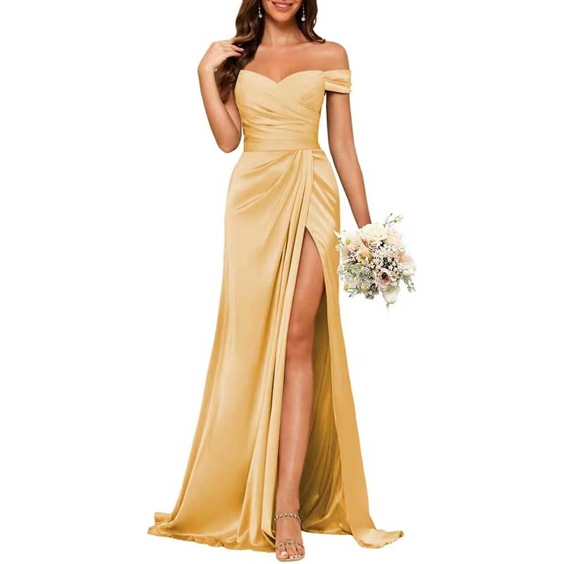 Long Satin Bridesmaid Dress Off-the-Shoulder Neckline & High-Leg Split