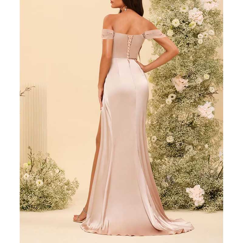 Long Satin Bridesmaid Dress Off-the-Shoulder Neckline & High-Leg Split