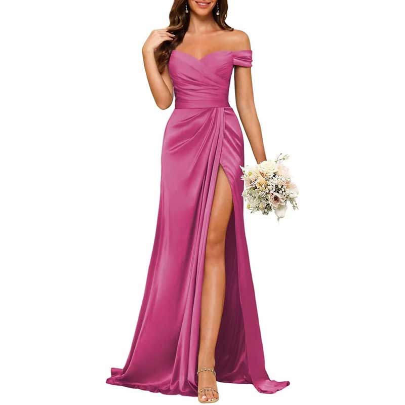 Long Satin Bridesmaid Dress Off-the-Shoulder Neckline & High-Leg Split
