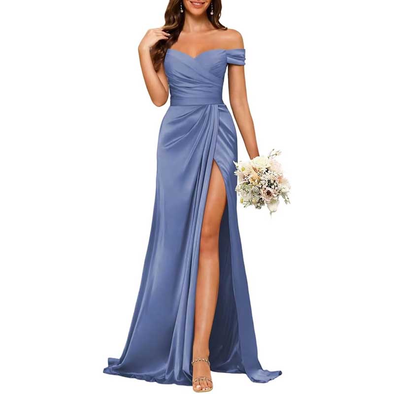 Long Satin Bridesmaid Dress Off-the-Shoulder Neckline & High-Leg Split
