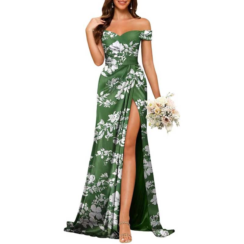 Long Satin Bridesmaid Dress Off-the-Shoulder Neckline & High-Leg Split