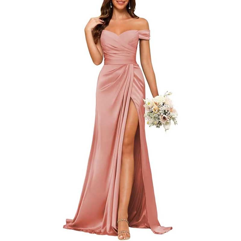 Long Satin Bridesmaid Dress Off-the-Shoulder Neckline & High-Leg Split