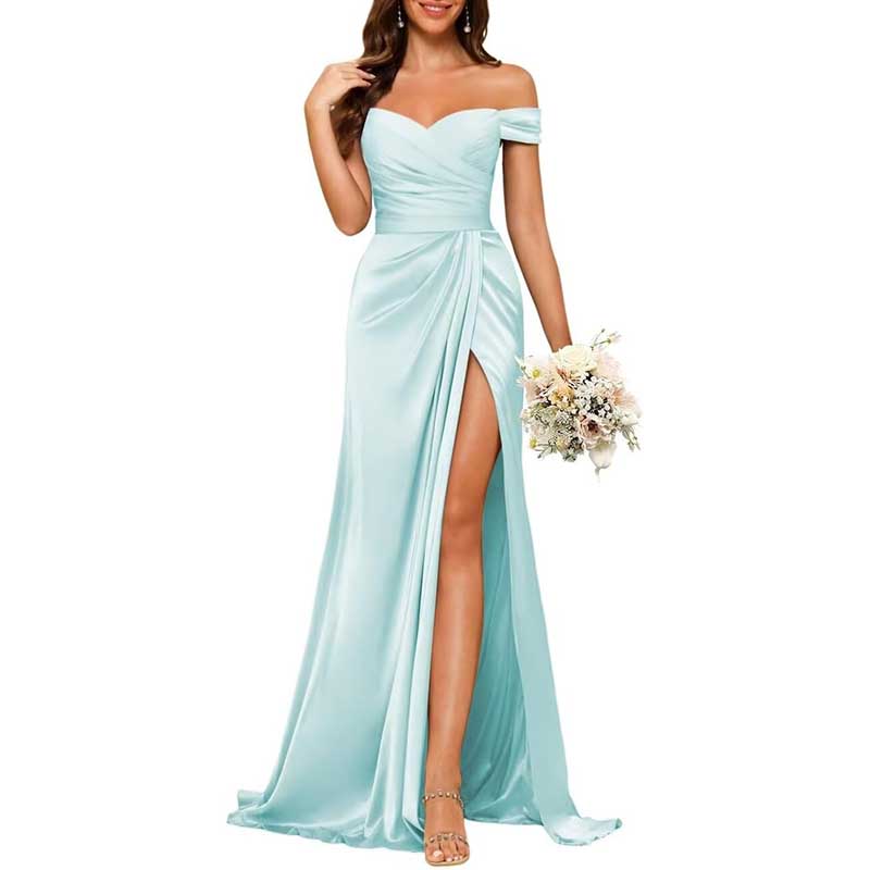 Long Satin Bridesmaid Dress Off-the-Shoulder Neckline & High-Leg Split