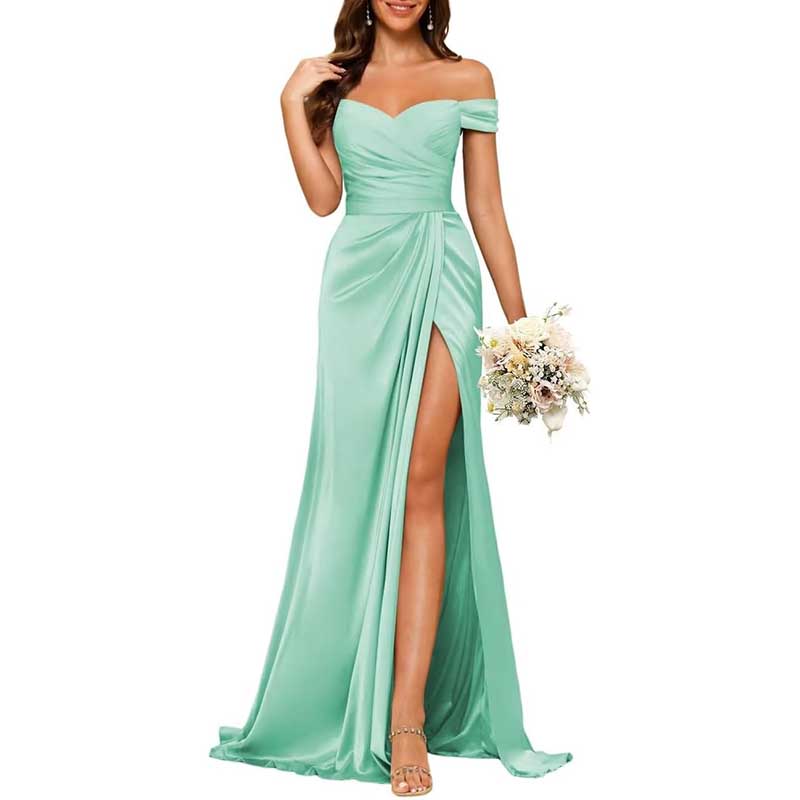 Long Satin Bridesmaid Dress Off-the-Shoulder Neckline & High-Leg Split