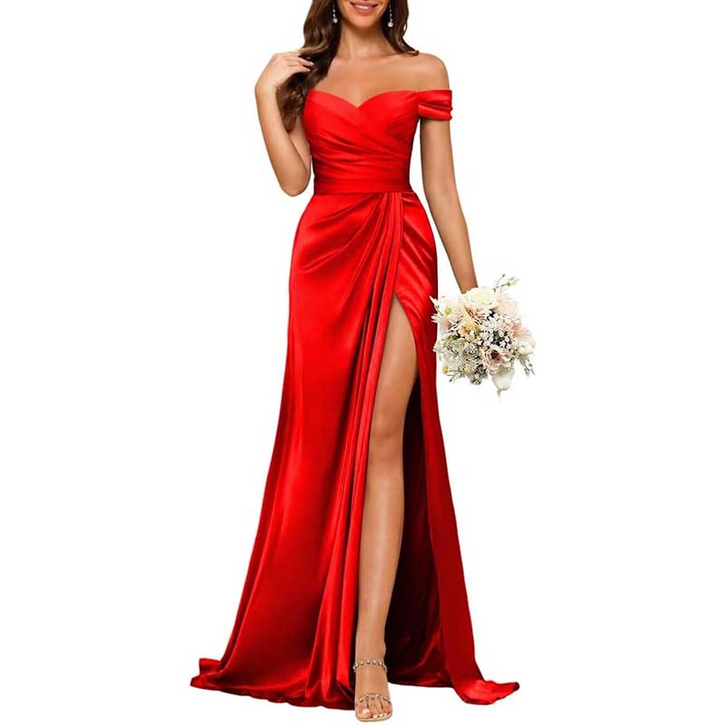Long Satin Bridesmaid Dress Off-the-Shoulder Neckline & High-Leg Split