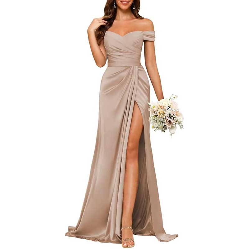 Long Satin Bridesmaid Dress Off-the-Shoulder Neckline & High-Leg Split